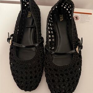 Zara Black Woven Mary Jane Flats with Patent Strap